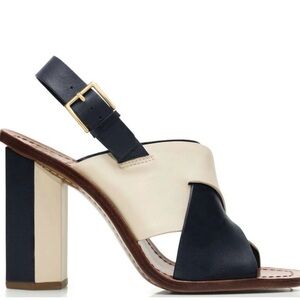 TORY BURCH Women's Ivory & Blue Leather Bleecker Slingback Sandal Sz 8.5M
